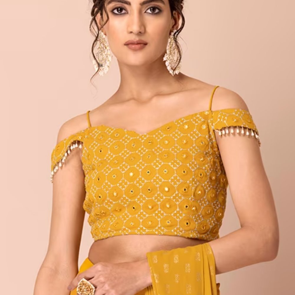 Mustard Embroidered Tasselled Off Shoulder Crop Top